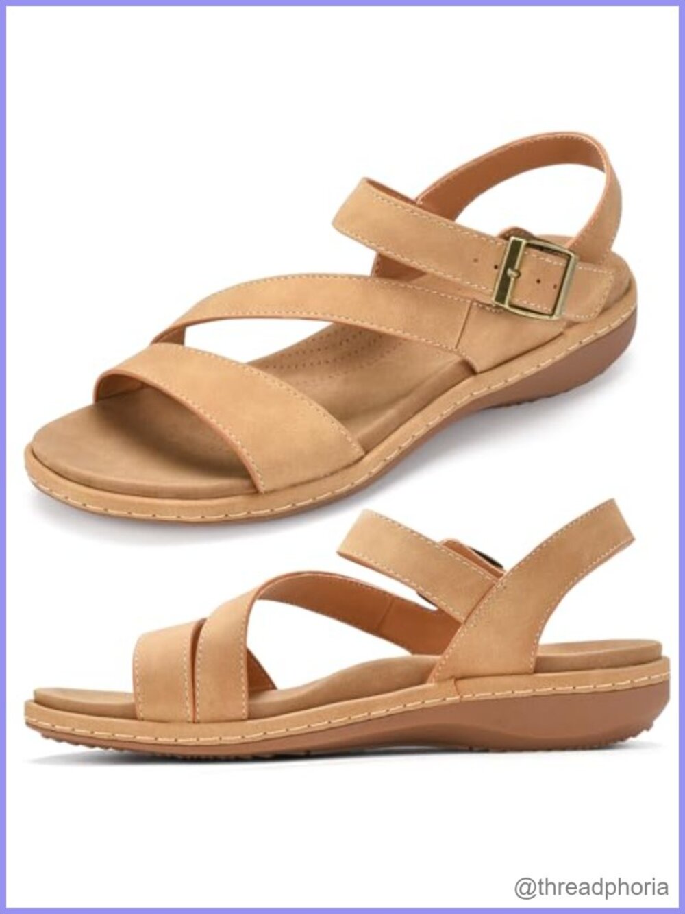Women's Arch Support Flat Sandals Adjustable Slingback Open Toe Faux Leather